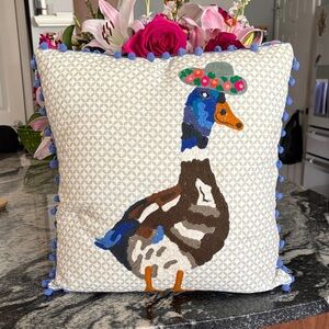 Karma Living hooked Decorative Duck Pillow with Blue Pom Poms! NWT